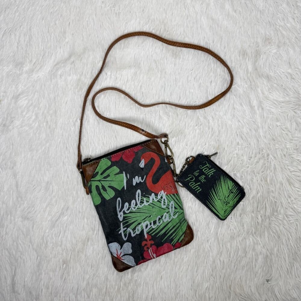 MONA B / feeling tropical flamingo palm distressed canvas micro crossbody bag